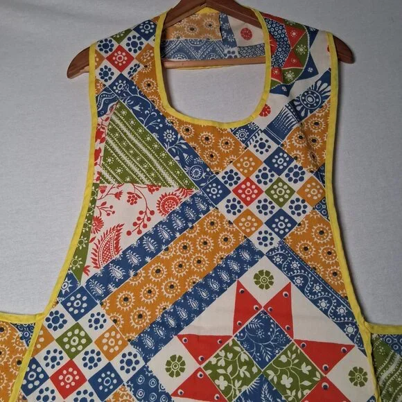 Vinitage Apron Adult Patchwork Floral Print Yellow Pockets Grannycore - Picture 7 of 14